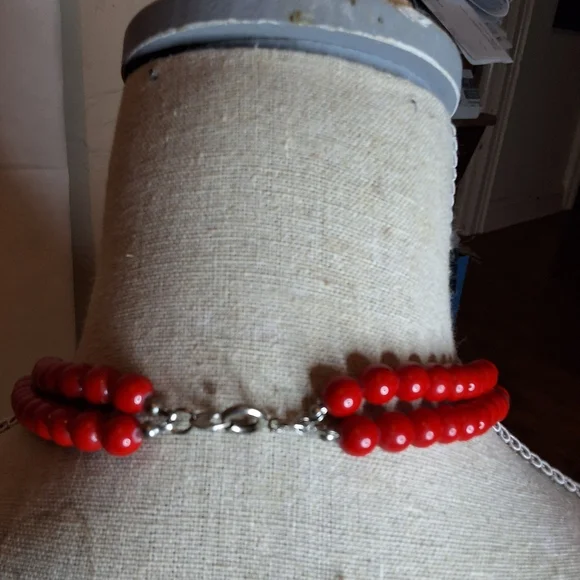 Vintage Y2K Red Statement Necklace Metallic Graffiti Art Bead Chunky Bib Collar - Picture 4 of 7